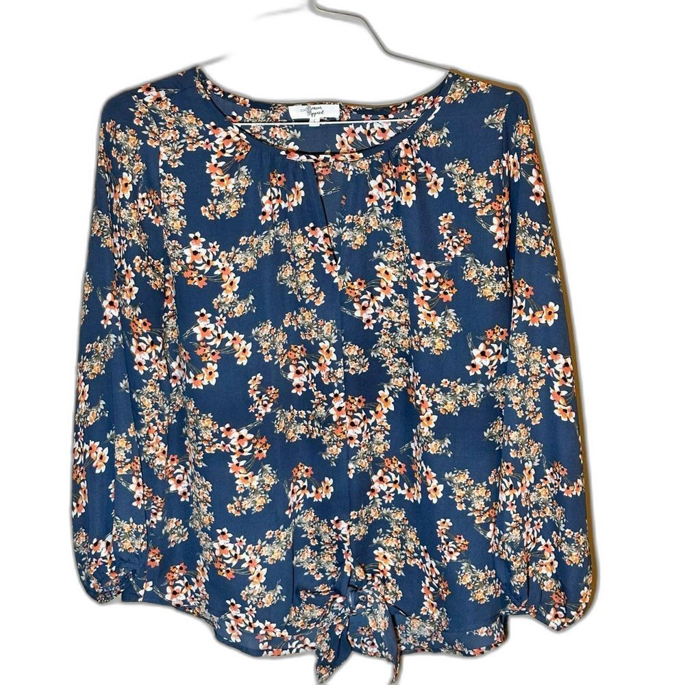 Fall Women's L Blouse Tie Front Floral Flowy Dusty Blue Burnt Orange Olive Top